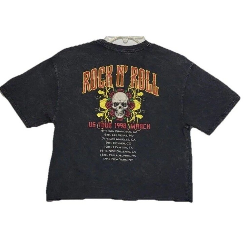 OG Organic Generation Rock N Roll Skull Roses Acid Wash Cropped Tee Top Womens S